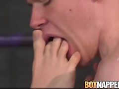 Tied up sub twink giving deep throat blowjob to his master