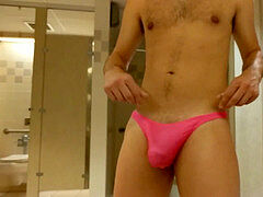 super hot dude shows off his wet watch through thong bulge in public locker room