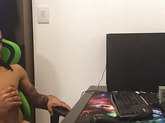 Gay black student jerking off while paying at pc