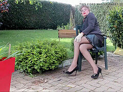 sexyputa outdoor showing slide and seamed nylons