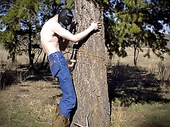 Horny Twink In A Dark Mask Fucks A Sex Toy That Is Strapped To A Tree In A Public Wilderness. 3 Min